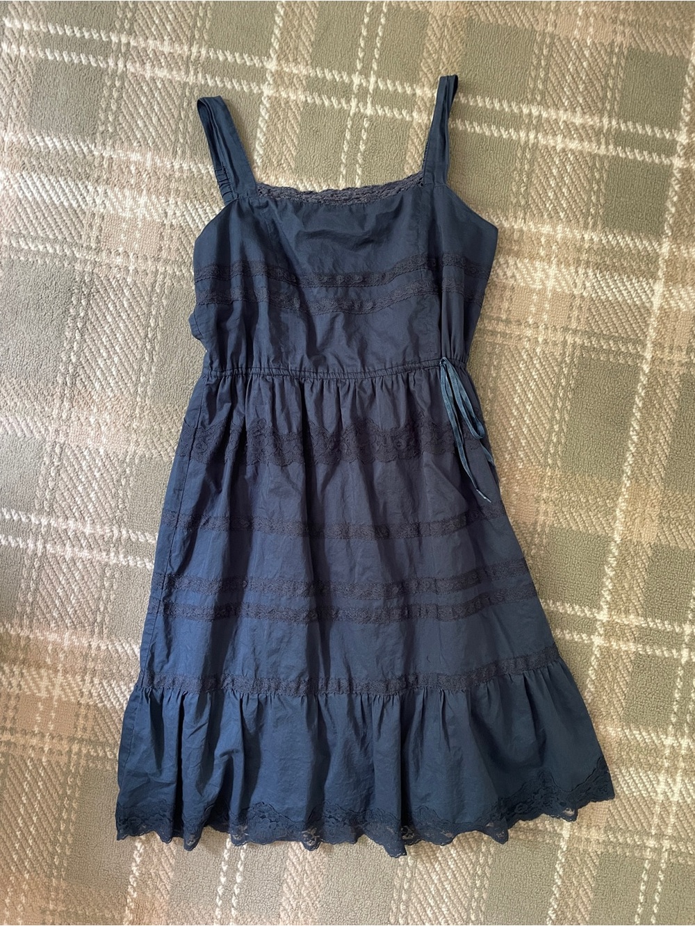 VTG navy blue lace trim square neck sleeveless midi dress L